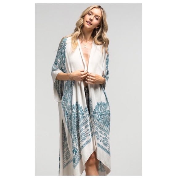 NEW Boho Mandala Teal and White Kimono - Picture 4 of 6